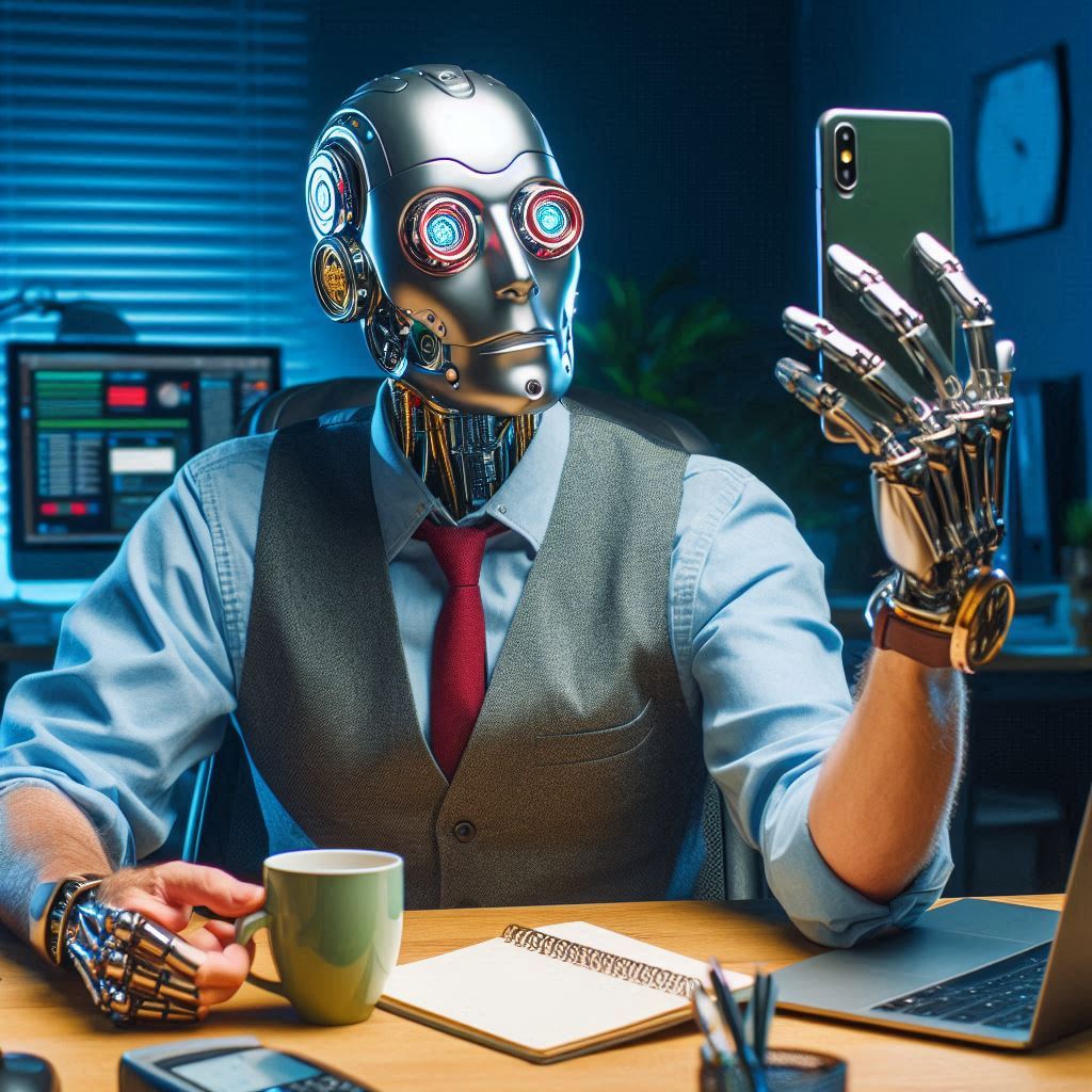 cyborg looking at mobile phone at desk