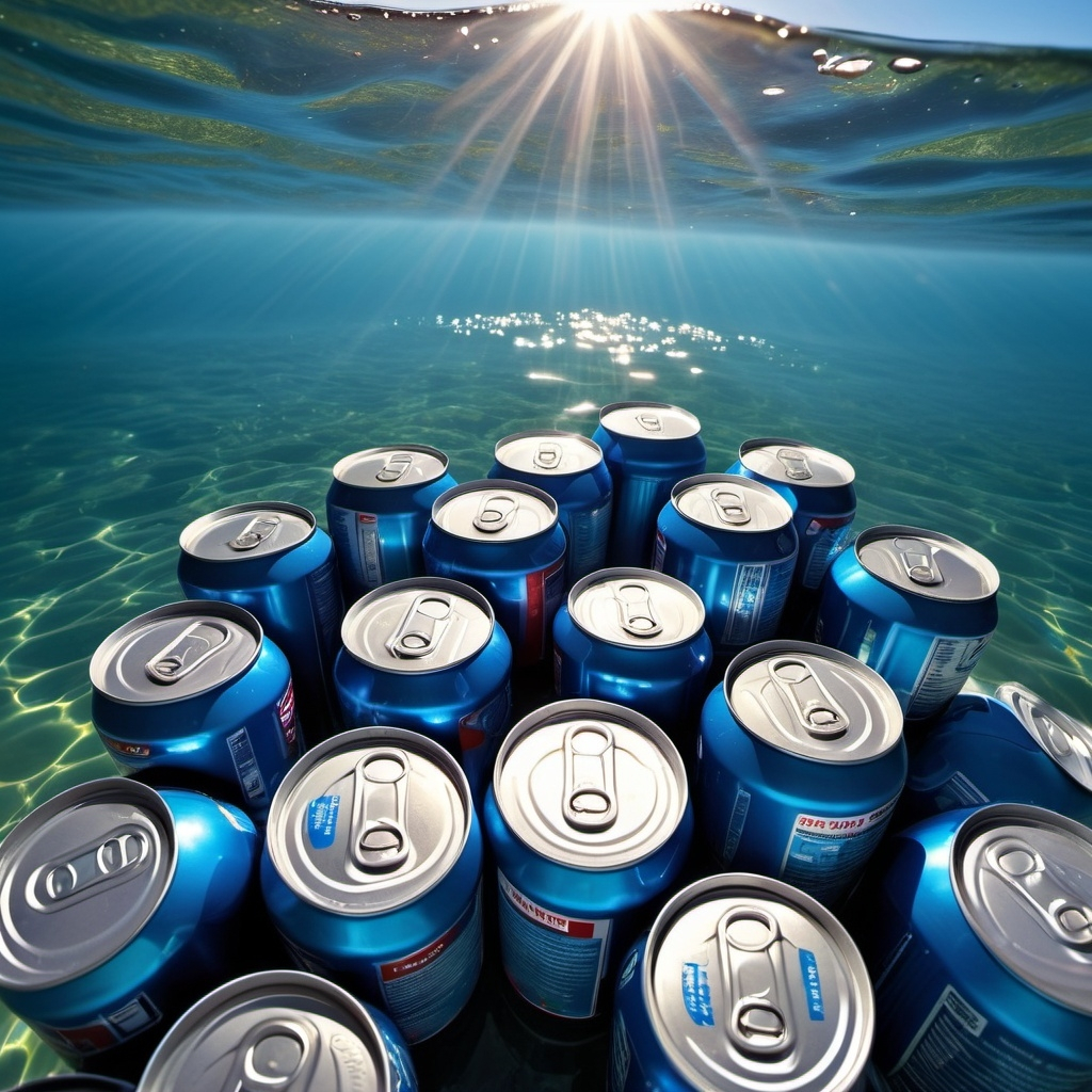 cans floating in the ocean with the sun in the background