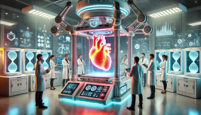 A futuristic 3D printer creating a glowing human heart in a high-tech medical laboratory, surrounded by scientists in white lab coats observing and documenting the process.