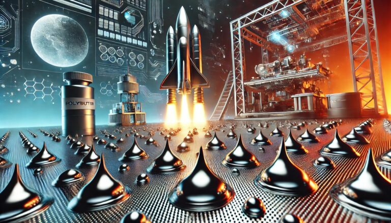 Futuristic rocket launch with droplets of a shiny liquid spreading across a metallic surface, set against a high-tech 3D printing lab background.