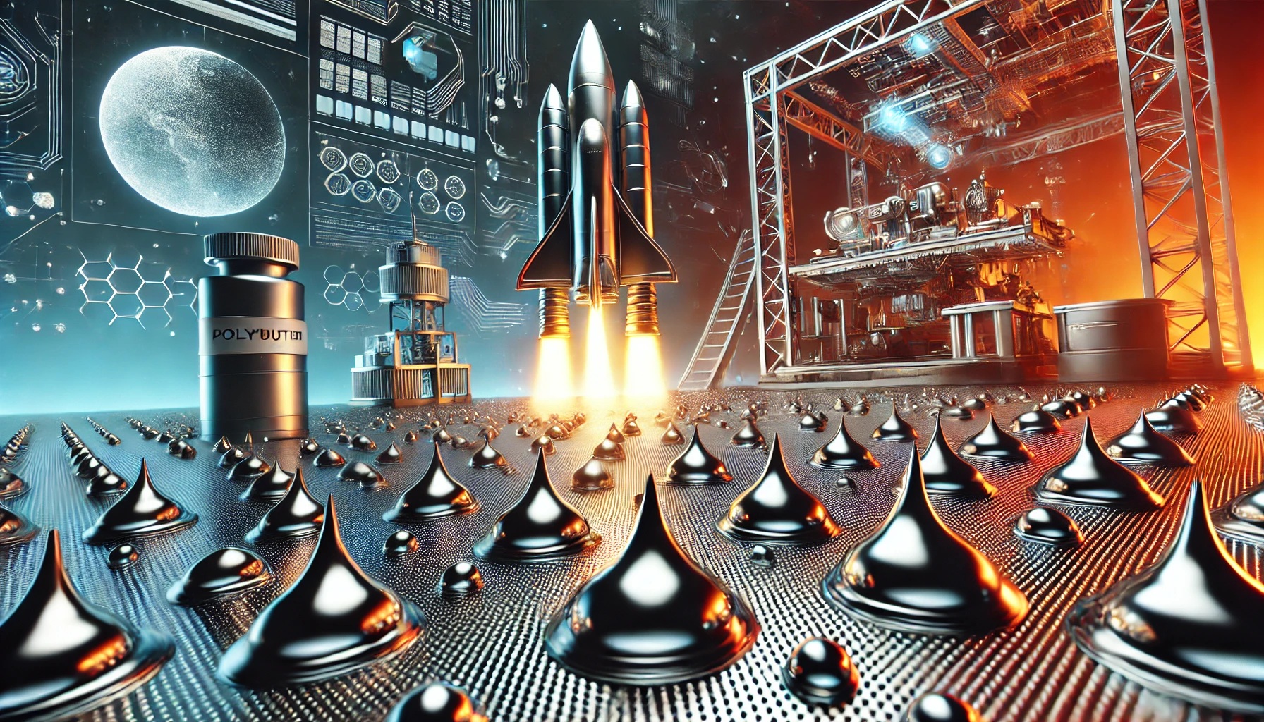 Futuristic rocket launch with droplets of a shiny liquid spreading across a metallic surface, set against a high-tech 3D printing lab background.