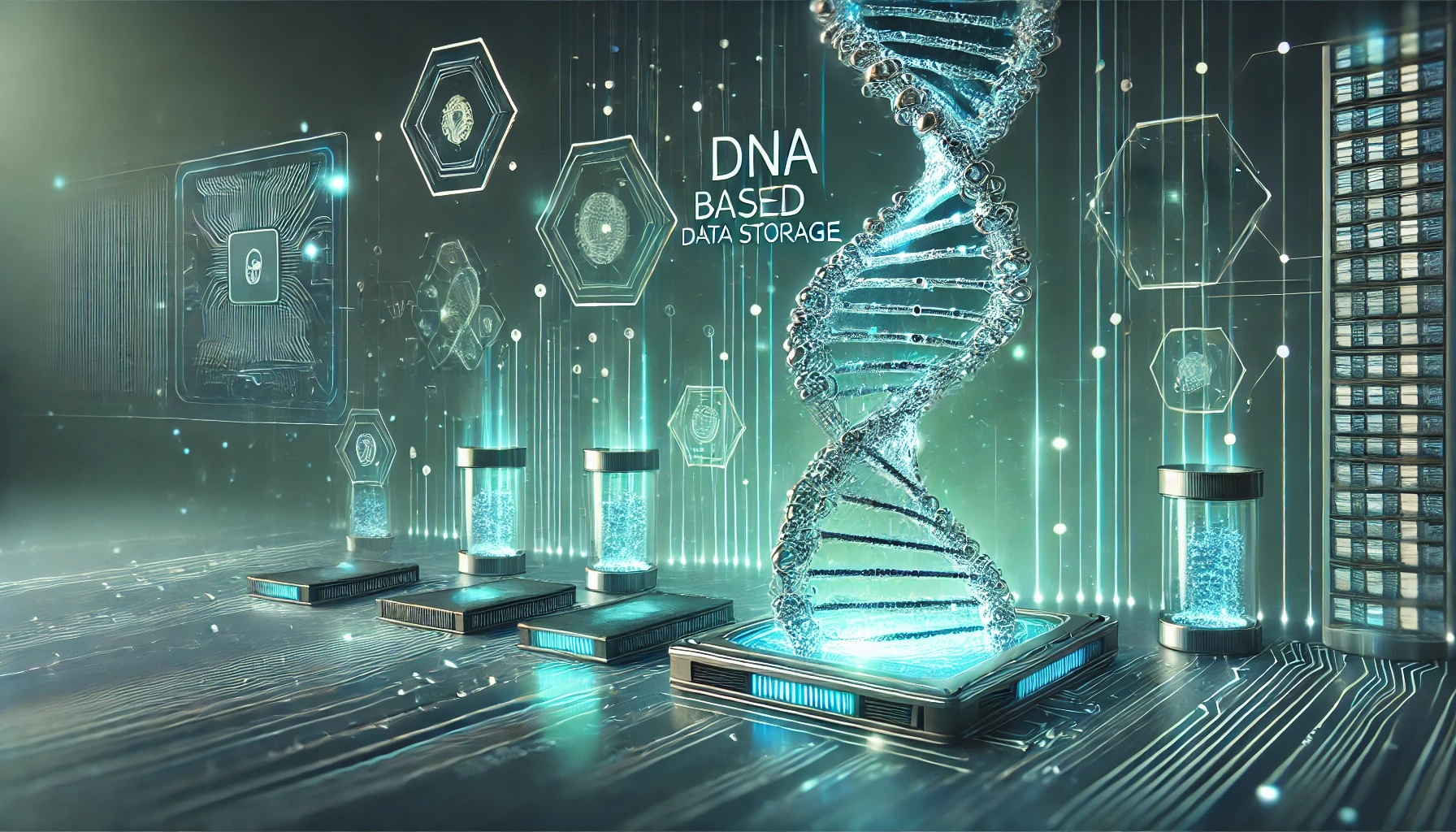 Futuristic visualization of DNA-based data storage with glowing data streams intertwined in a DNA strand, set against a high-tech minimalist background