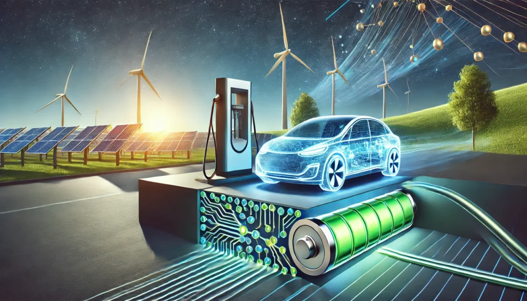 A futuristic electric car charging at a sleek, modern station, surrounded by a blue and green energy aura, with solar panels and wind turbines in the background under a bright, clean sky.