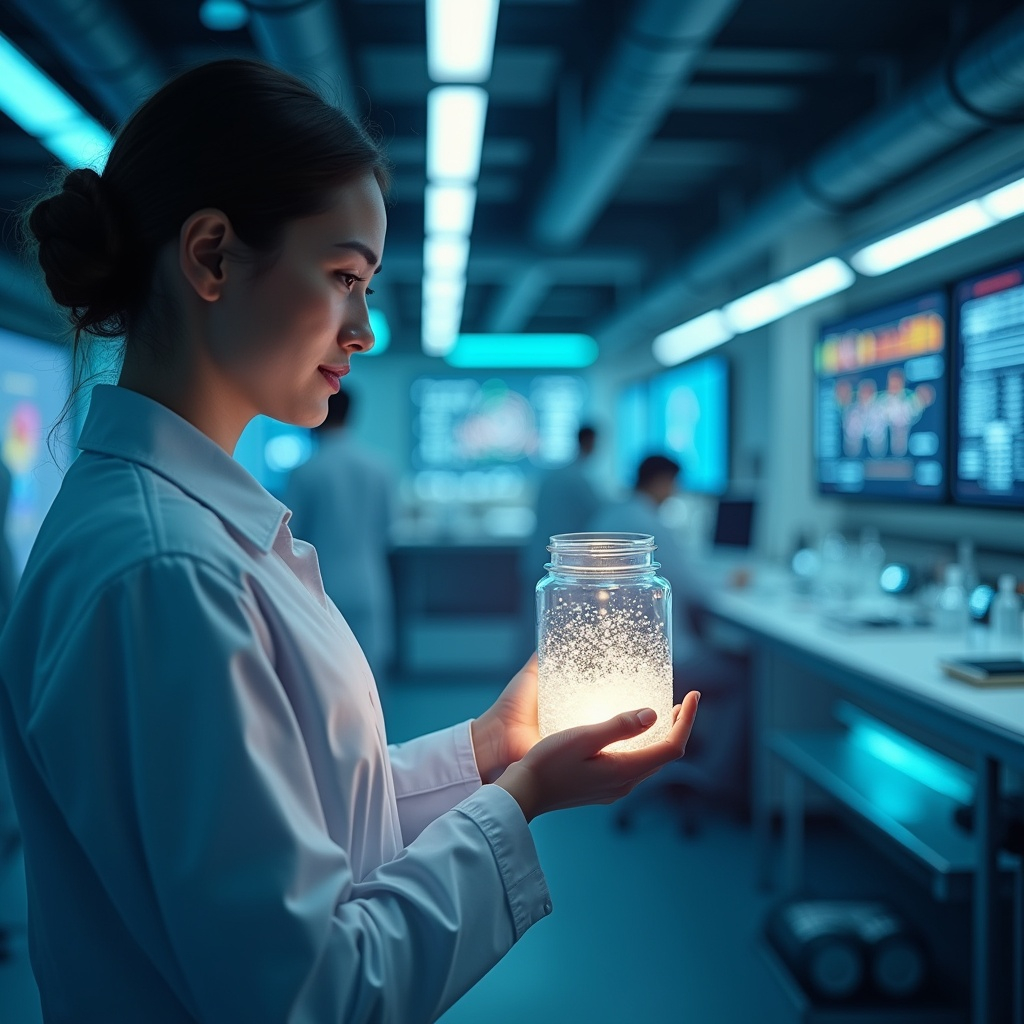 A futuristic laboratory setting with a scientist holding a glowing container of biodegradable microparticles, surrounded by advanced equipment, molecular models, and digital screens displaying environmental and molecular data.