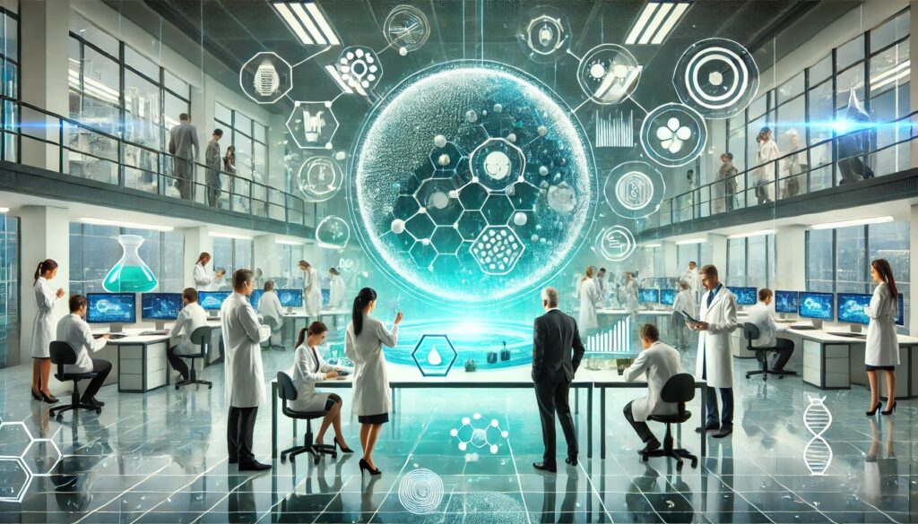 Futuristic laboratory with scientists collaborating on holographic displays of nanomaterials and advanced technologies.