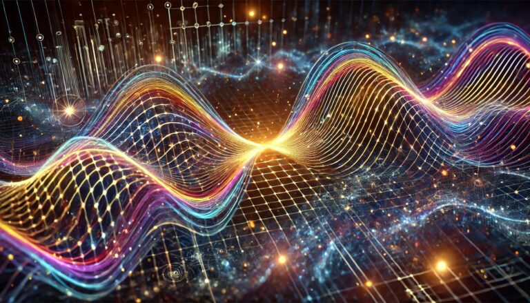 Illustration of quantum waves propagating through a complex random medium, featuring glowing lines, dips in energy, and geometric patterns against a dark gradient background symbolizing quantum interference.