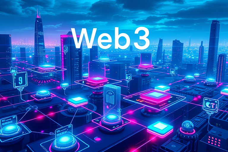 A futuristic digital landscape with interconnected glowing blockchain nodes, holographic user interfaces, and a cyberpunk cityscape in vibrant neon colors