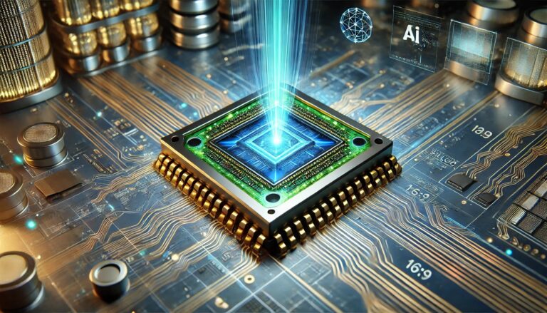 A glowing silicon photonic chip with blue and green lights, featuring intricate waveguides and golden micro-ring resonators, set in a futuristic high-tech lab environment with floating holographic AI icons.