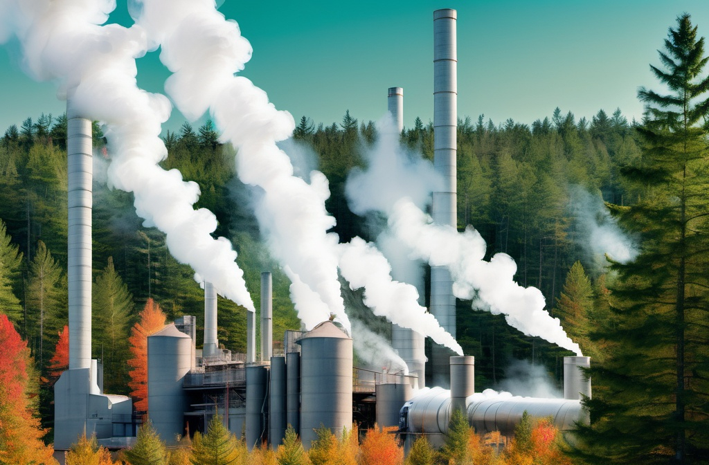 A paper and pulp mill surrounded by lush Maine forest, with laser beams drying paper rolls, symbolizing innovative green technology for reducing industrial emissions.