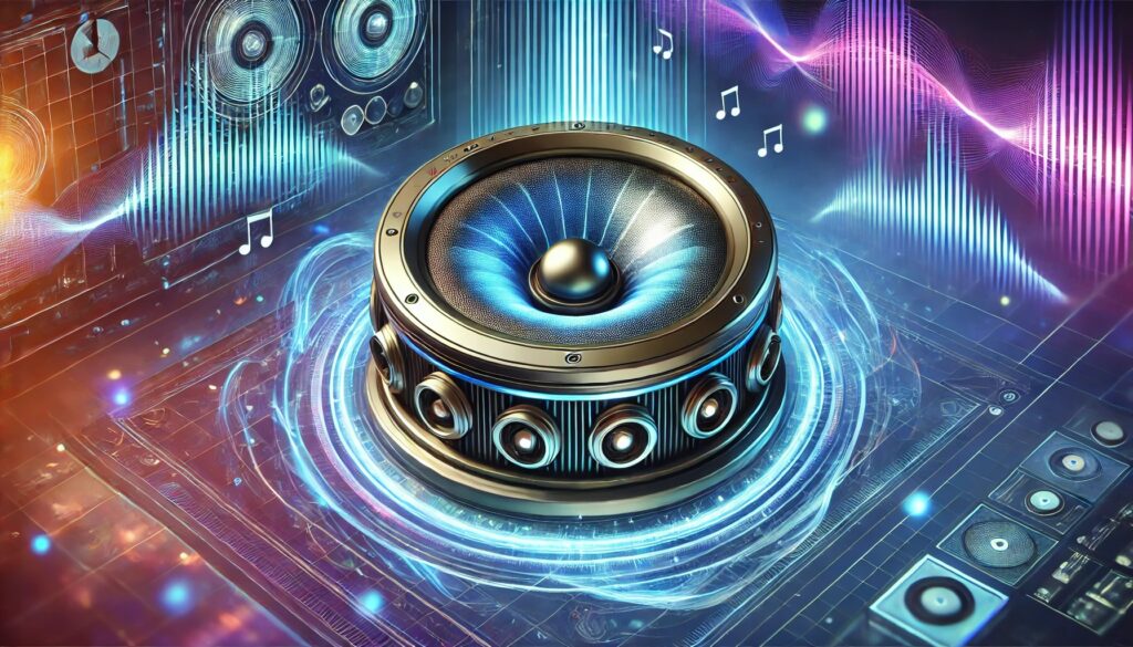 A futuristic acoustic device resembling a circular drum with glowing ports, directing sound waves in one direction. The background features a high-tech lab with holographic screens and swirling light effects in vibrant blue and purple tones.