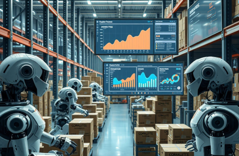 A futuristic warehouse featuring autonomous robots sorting packages and a large screen displaying real-time supply chain analytics.