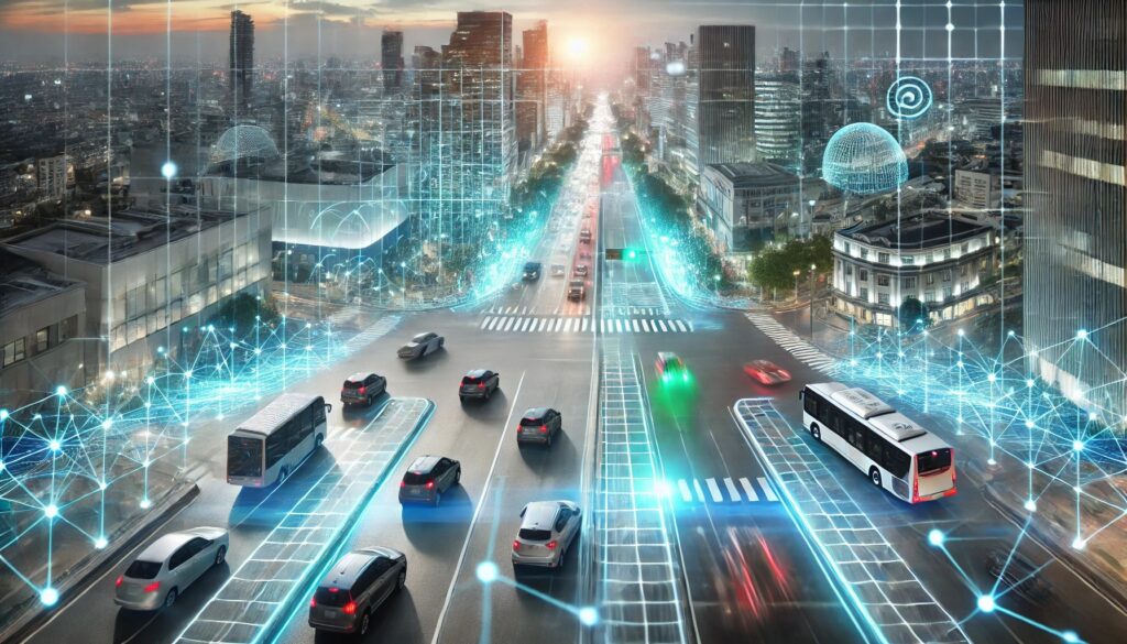 A futuristic cityscape featuring autonomous vehicles navigating seamlessly through streets with glowing digital grids and data streams, symbolizing real-time traffic simulation and digital twin technology.