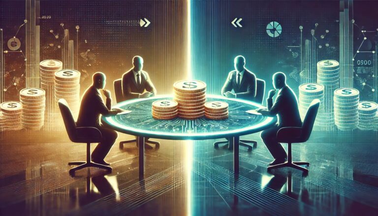 Three individuals negotiating at a round table, with a split background showing a small pile of money on one side and a large glowing pile on the other, symbolizing decision-making under uncertainty.