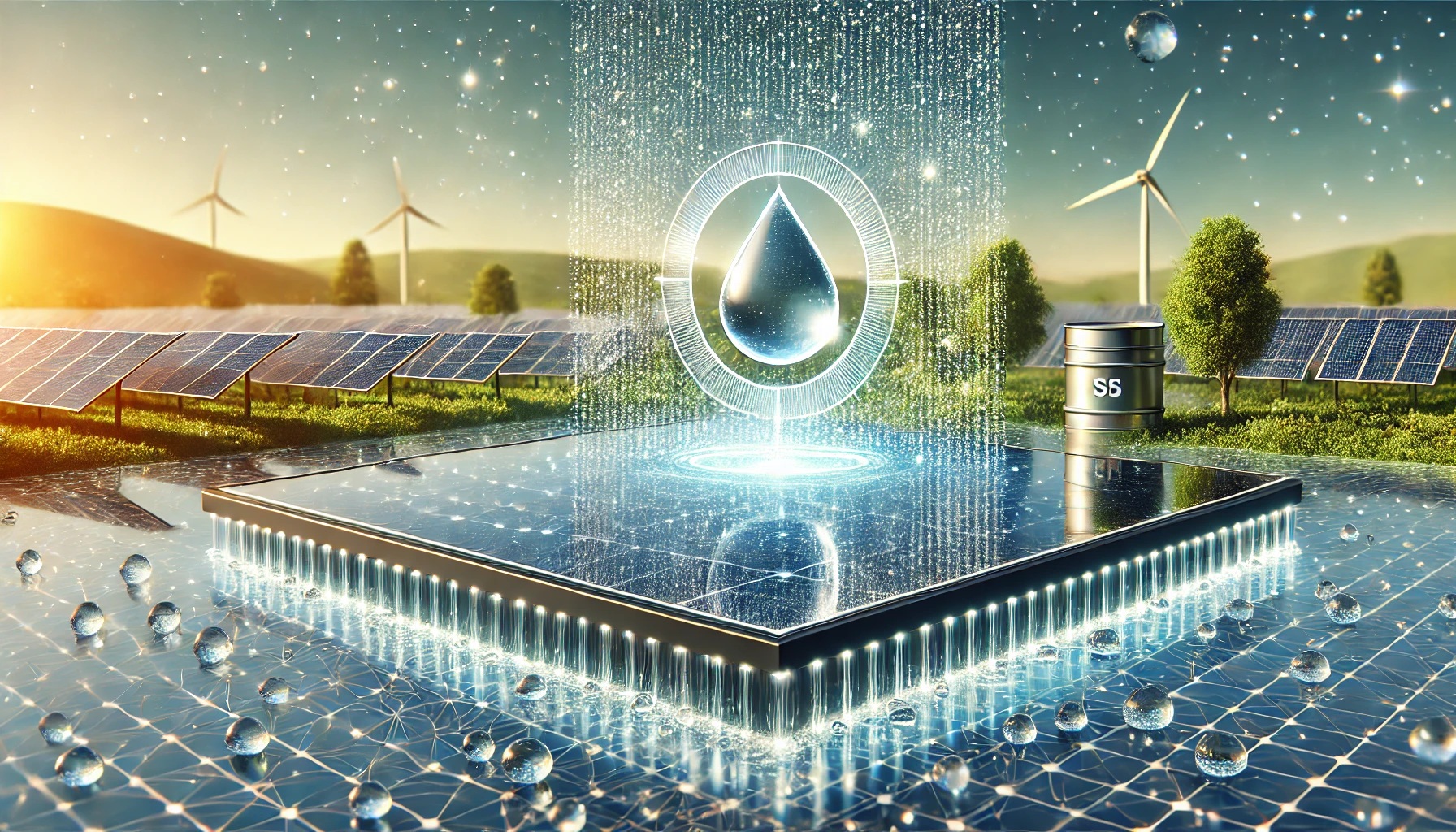 Futuristic solar-powered water purification system with a sleek, superhydrophobic surface, beading water droplets, sunlight streaming through, and a reservoir of clean water, set against a sustainable landscape with clear skies and a rural community in the background