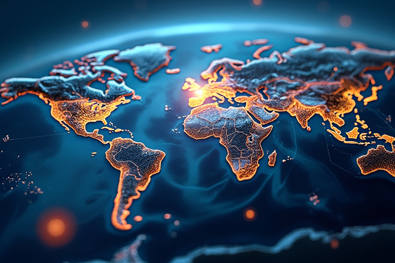 A futuristic weather forecasting interface powered by AI, displaying a global map with dynamic weather patterns and vibrant data overlays, emphasizing advanced AI-driven meteorology.