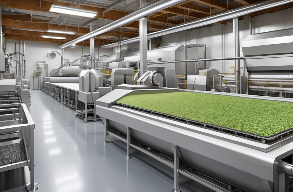 A modern food production facility showcasing advanced machinery and traditional milling equipment, with clean lines, green accents, and workers inspecting automated systems.