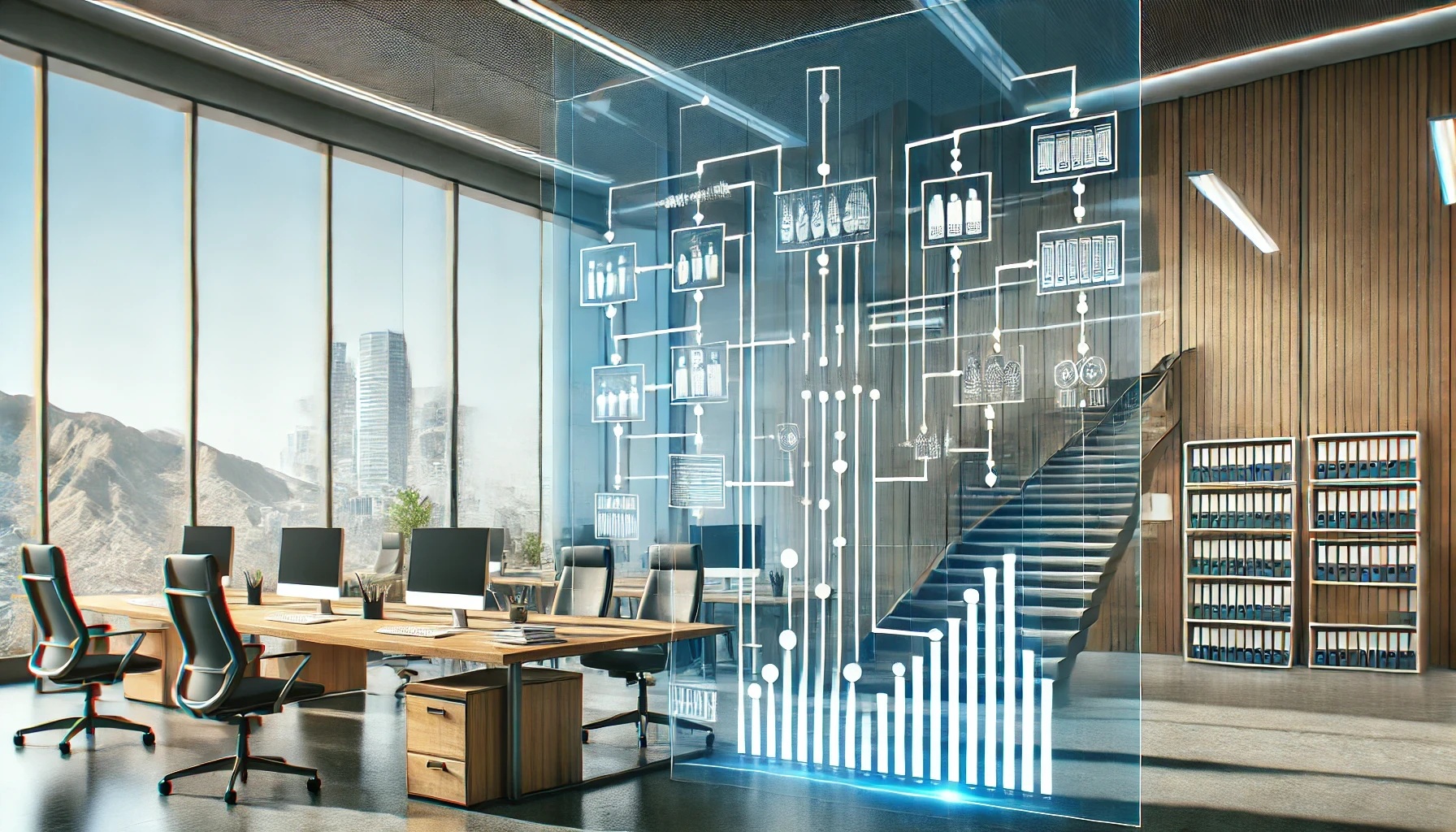 A modern office with a hierarchical organizational chart on a glass wall, featuring desks, computers, and paperwork, symbolizing streamlined workflows and the balance between structure and flexibility in bureaucracy