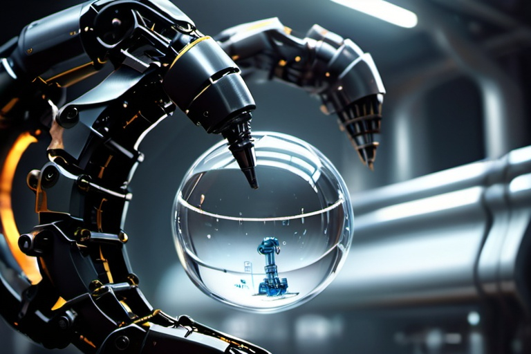 A sleek, advanced robotic gripper with a metallic finish, showcasing its precision as it holds a delicate glass sphere. The gripper features intricate mechanisms, including a cam system, set in a futuristic industrial environment with glowing panels and ambient lighting.