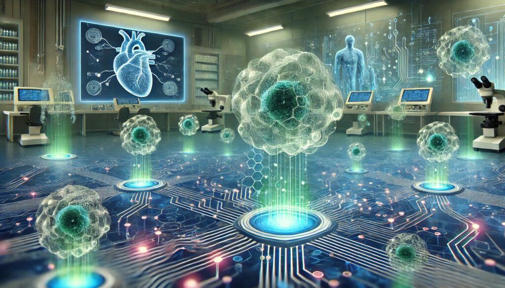 A futuristic illustration of human cells with glowing digital circuits in a laboratory setting, symbolizing bioengineered smart cells.