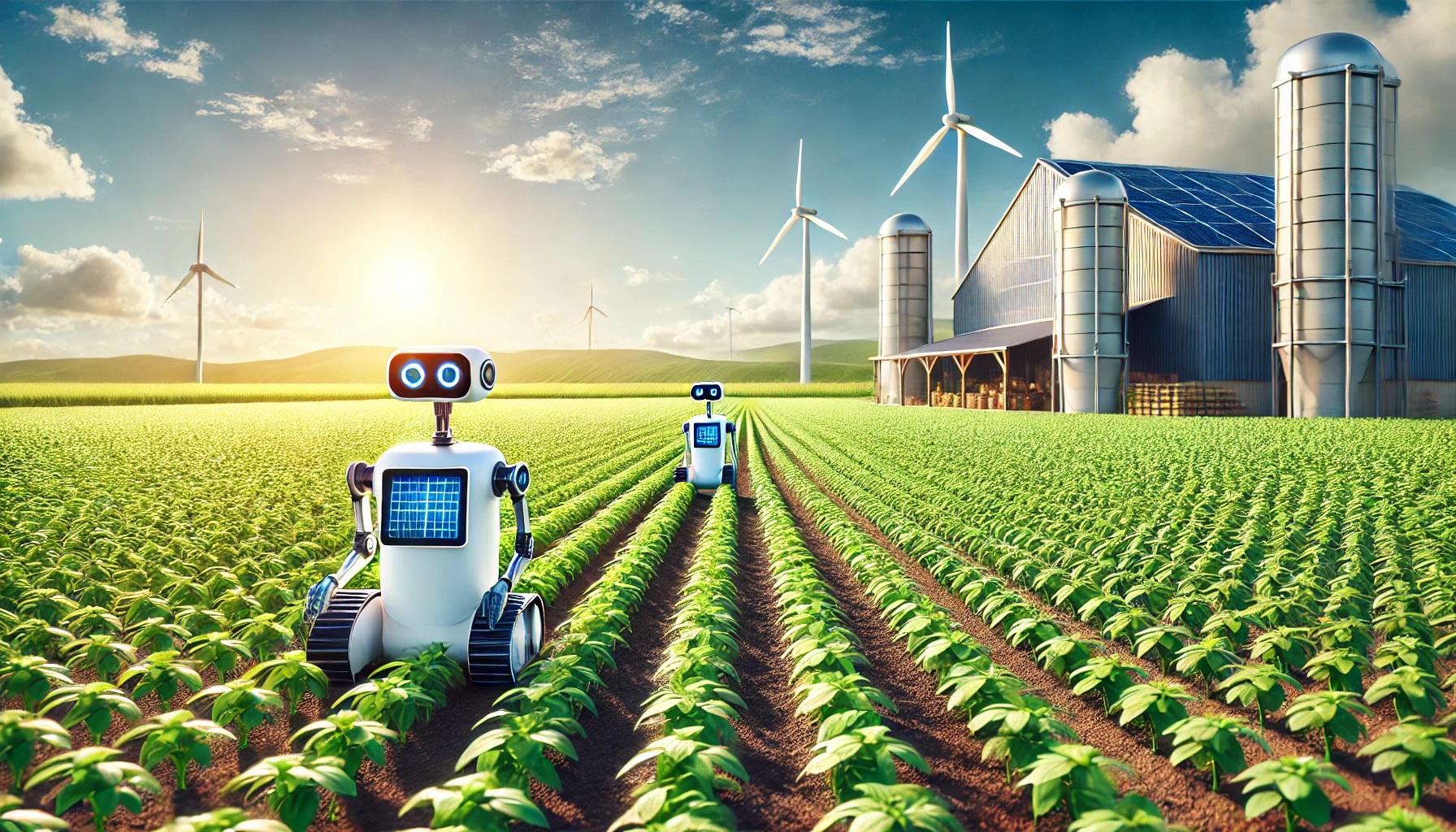 A futuristic farm landscape featuring small, AI-powered robots removing weeds between rows of lush green crops under a bright blue sky. In the background, a modern barn and wind turbines symbolize sustainable farming practices.