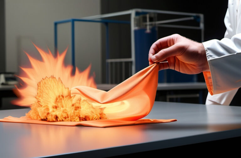 Close-up of a flame-resistant fabric repelling fire in a laboratory test.