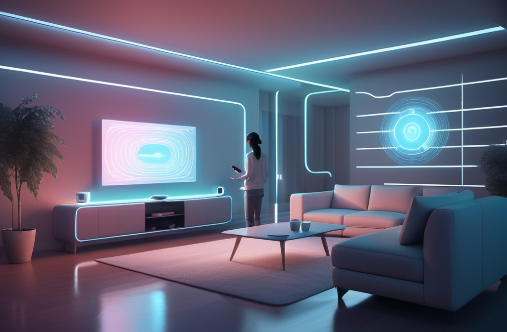 A futuristic smart home with AI-driven devices, voice assistants, and ambient computing technology seamlessly interacting with humans.