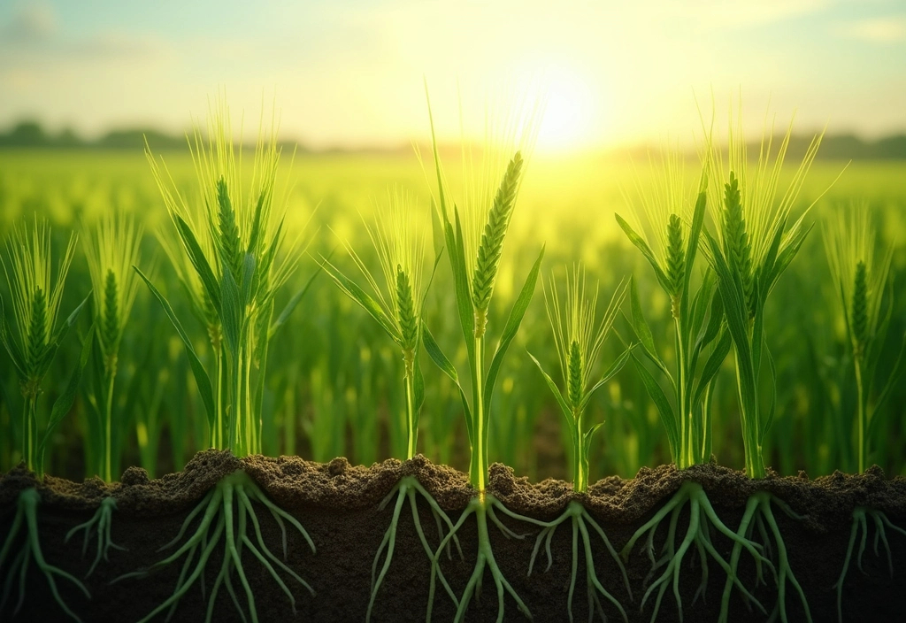 A thriving wheat field with healthy green crops growing without synthetic fertilizers, supported by natural soil microbes like mycorrhizal fungi and nitrogen-fixing bacteria. A futuristic overlay illustrates calcium signals facilitating nutrient absorption.