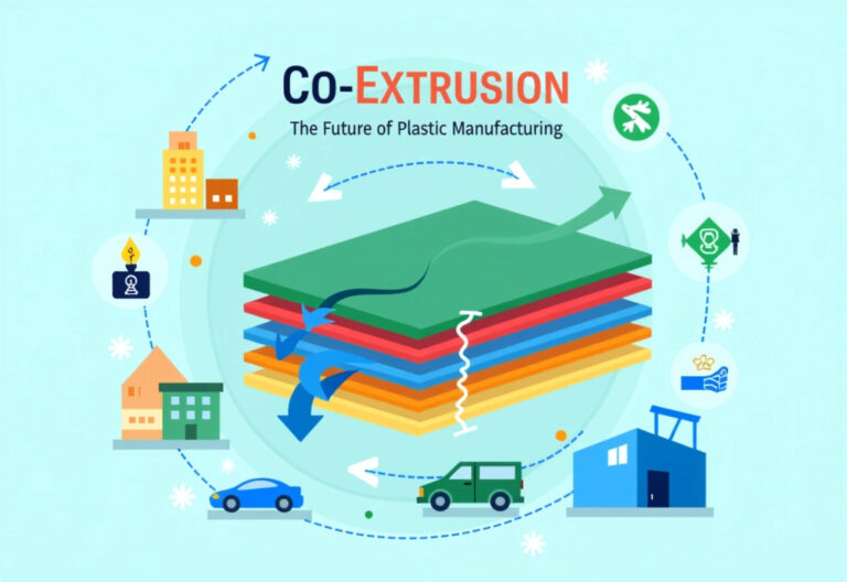 Cross-section of co-extruded plastic product showing multiple colorful layers, with arrows indicating extrusion process and industry icons surrounding