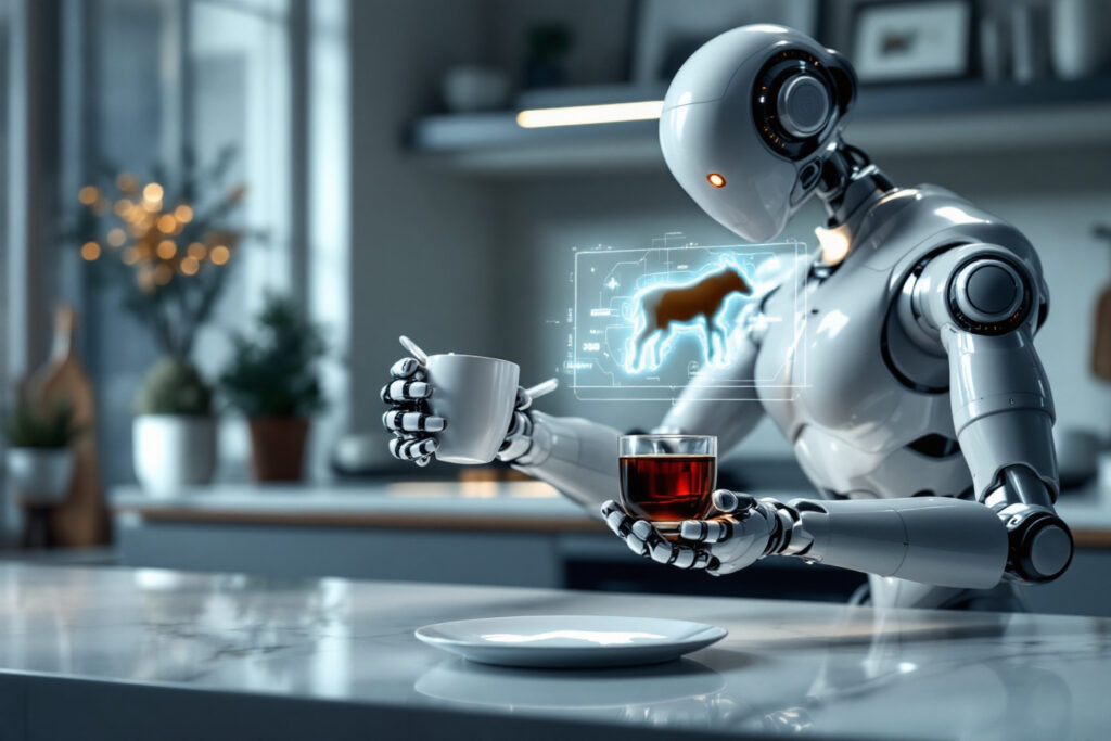 Intelligent robotic arm using AI to pour coffee and draw on a plate, with vision and force feedback systems in a modern kitchen