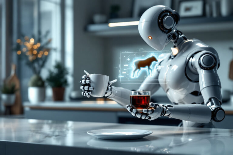 Intelligent robotic arm using AI to pour coffee and draw on a plate, with vision and force feedback systems in a modern kitchen