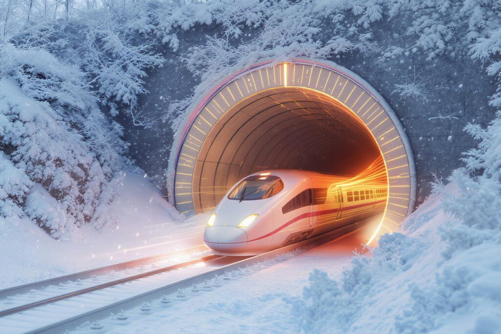 Tunnel in snow-covered mountain protected by an invisible air curtain jet against freezing wind.