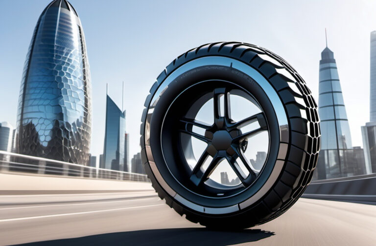 Futuristic electric car with transparent airless tires driving over rugged terrain.