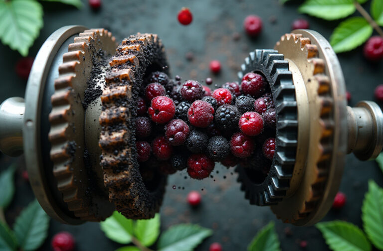 Chokeberry biochar being used as an eco-friendly additive in industrial machine grease, blending sustainability with high-performance lubrication.