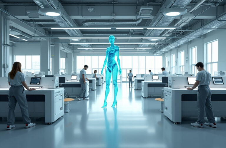 Futuristic textile microfactory with digital printers, 3D scanners, and robotic cutting systems in a bright, sustainable production environment.
