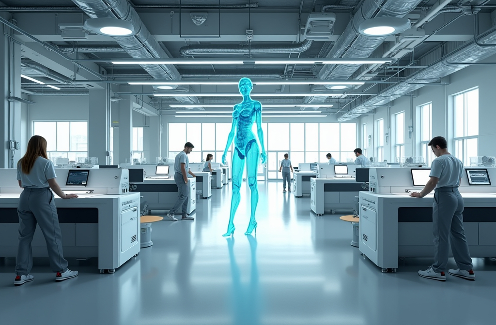 Futuristic textile microfactory with digital printers, 3D scanners, and robotic cutting systems in a bright, sustainable production environment.