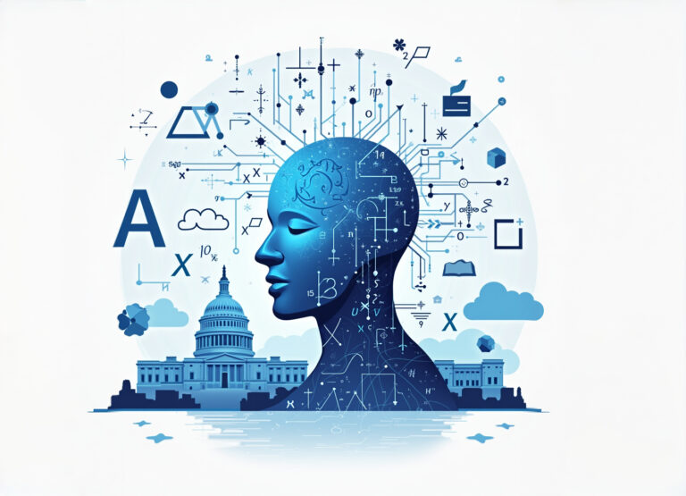 Abstract illustration showing mathematical symbols and AI neural networks blending together, with a subtle U.S. government motif in the background.