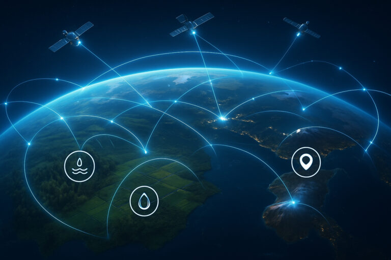 A digital illustration of Earth from space with satellite beams connecting remote areas like forests, farms, and oceans, symbolizing global IoT connectivity.