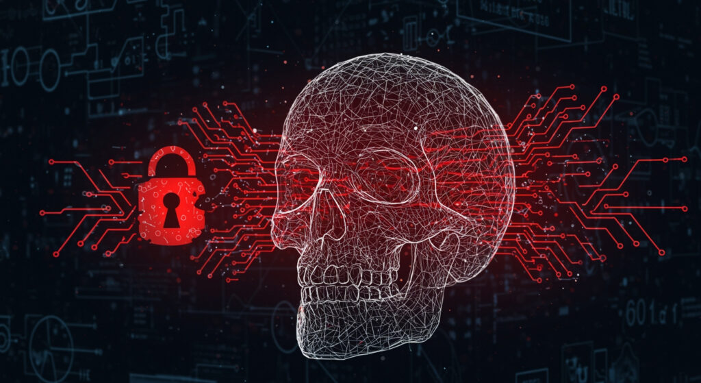 Skull formed from neural network patterns emerging from code, symbolizing a hidden AI cybersecurity threat
