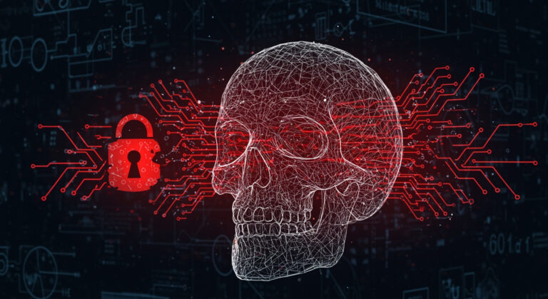 Skull formed from neural network patterns emerging from code, symbolizing a hidden AI cybersecurity threat