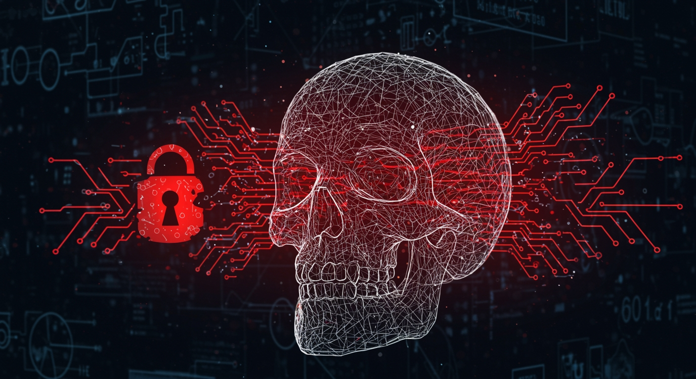Skull formed from neural network patterns emerging from code, symbolizing a hidden AI cybersecurity threat