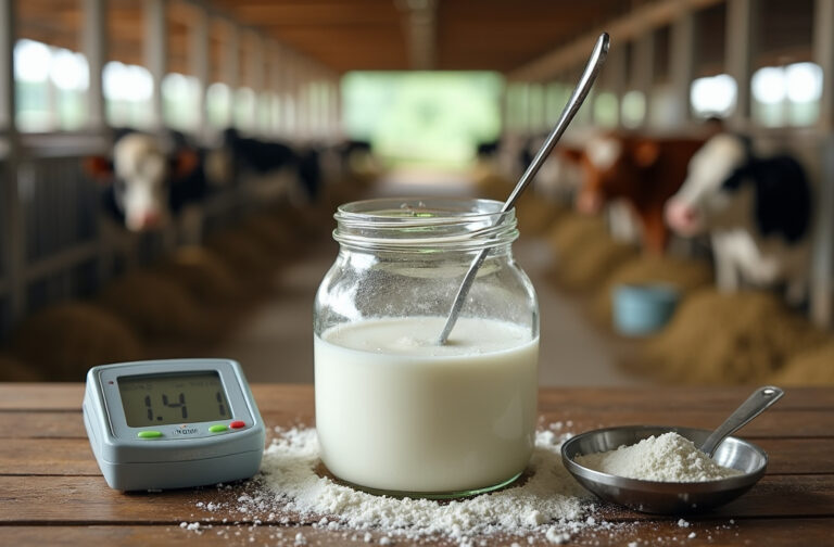 Citric acid being mixed into raw milk with a pH meter reading 4.1 on a dairy farm.