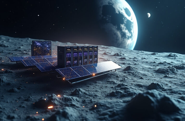 Futuristic space-based data center orbiting Earth with solar panels and data streams.