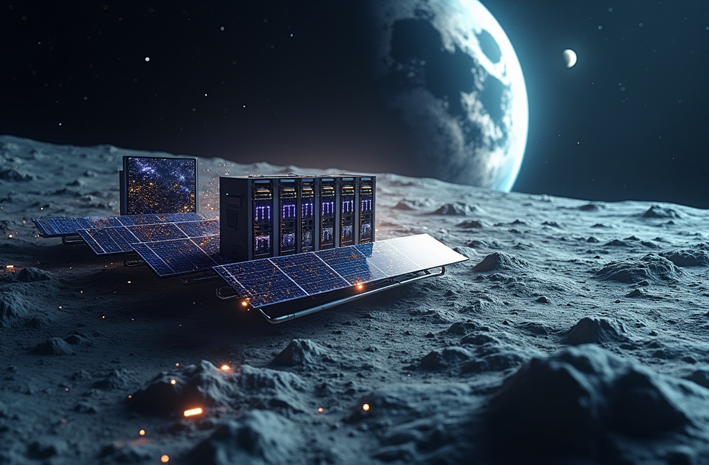 Futuristic space-based data center orbiting Earth with solar panels and data streams.