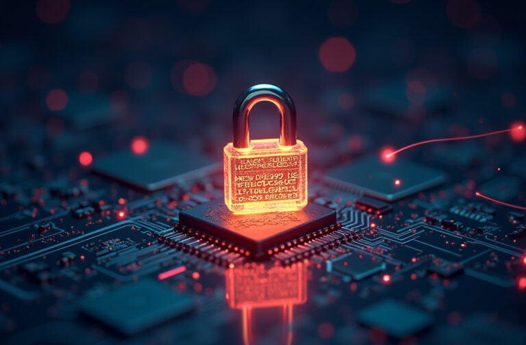 Quantum-safe encryption symbolized by a glowing padlock over a digital circuit board