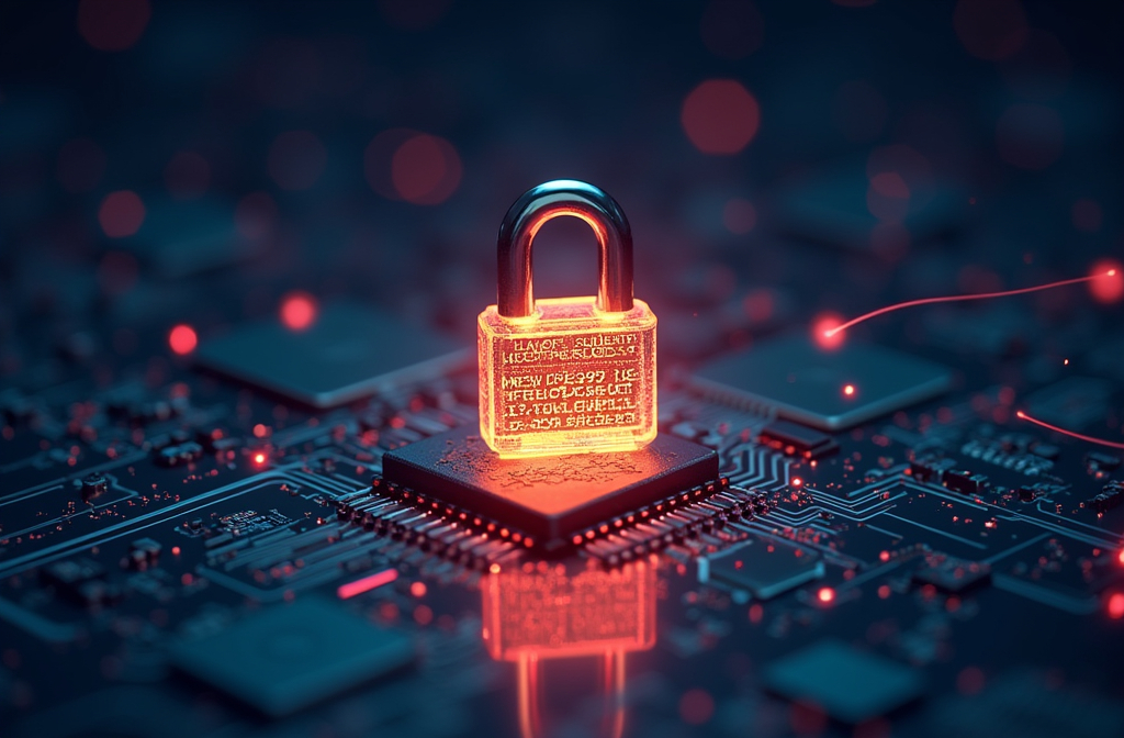 Quantum-safe encryption symbolized by a glowing padlock over a digital circuit board