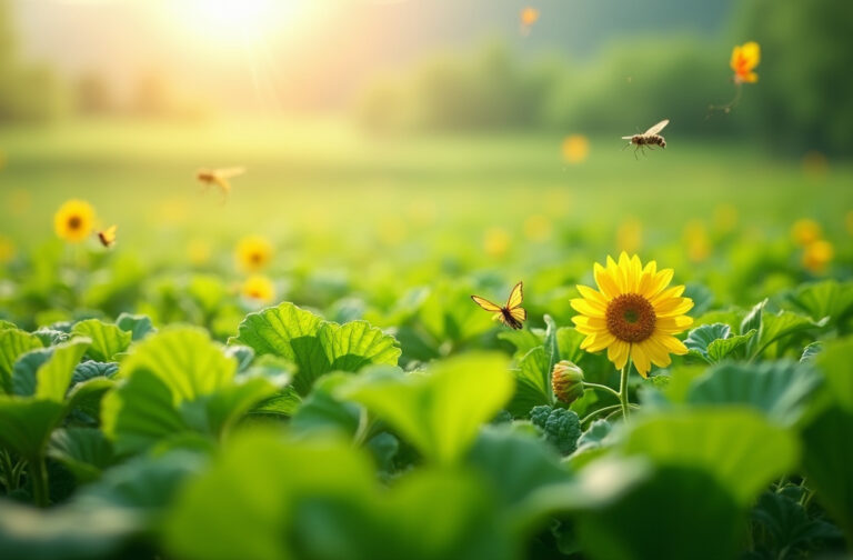 Healthy green crops thriving naturally without pesticides, with butterflies and bees in a sunlit farm field.