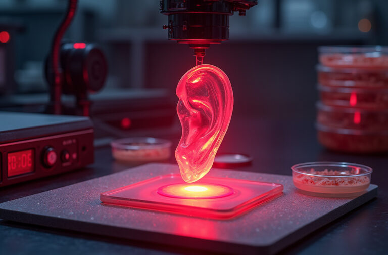 Red LED 3D bioprinting a transparent hydrogel ear in a medical lab