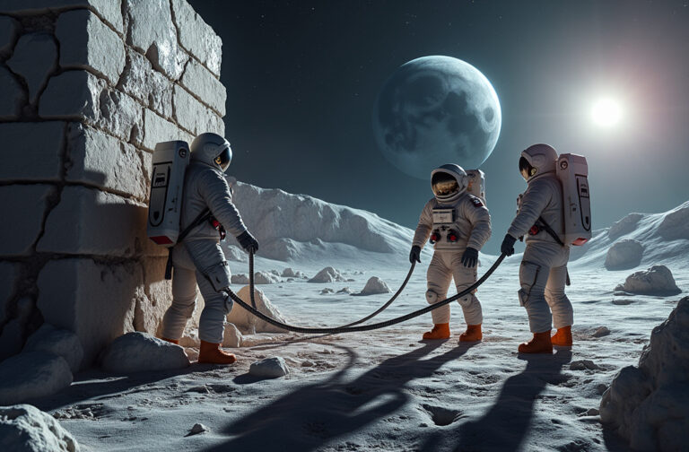 Futuristic lunar base with astronauts repairing cracked bricks using bio-slurry technology under Earthrise.