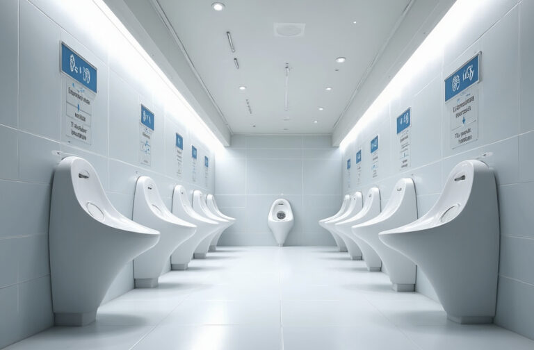Splashless urinal design comparison showing Cornucopia and Nautilus models with minimal urine splash trajectories