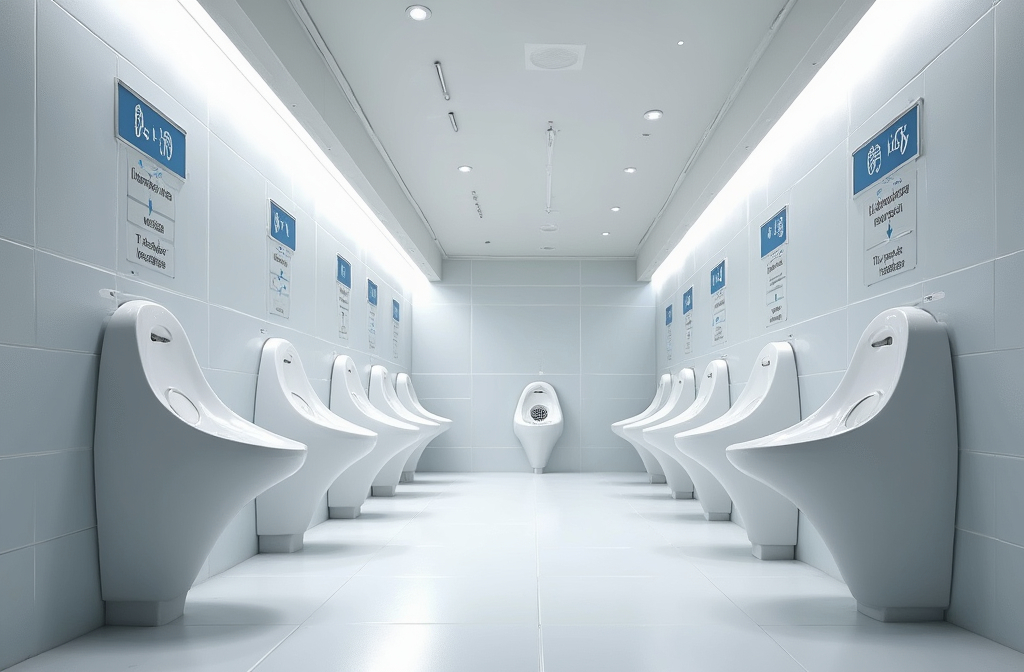 Splashless urinal design comparison showing Cornucopia and Nautilus models with minimal urine splash trajectories
